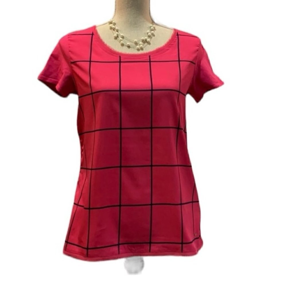 Tommy Hilfiger hot pink window pane plaid short sleeved blouse size small
